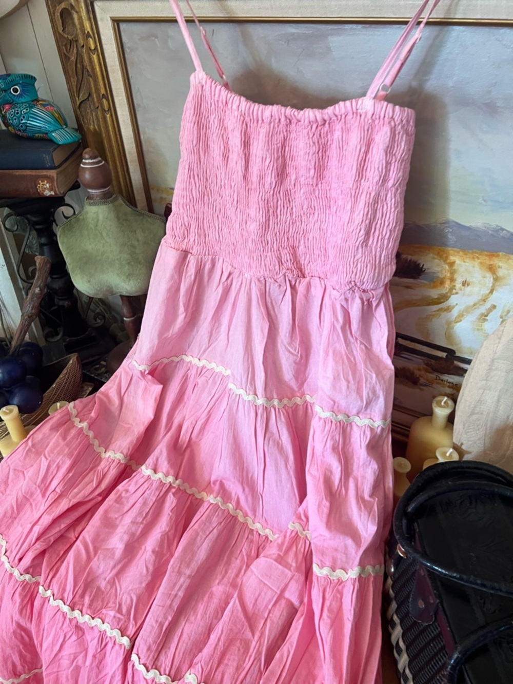New! The “Dolly” Smocked Pink And White Ric Rack Ribbon Trimmed Summer Dress - Picture 7 of 7